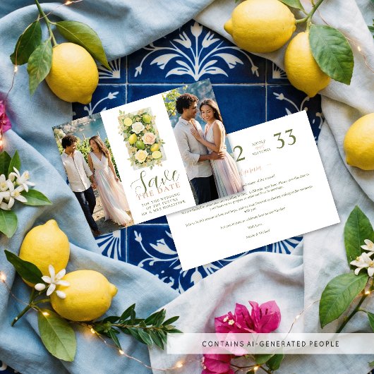 Delicate Botanical Lemon Floral 2-Photo Wedding セーブザデート