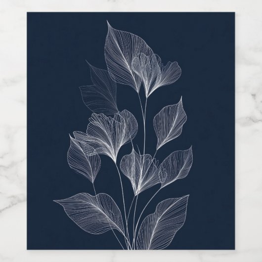 Delicate Botanical Line Art on Deep Navy ワインラベル (シングルラベル)