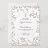 Delicate Brown Foliage Frame Catholic Wedding 招待状 (正面)