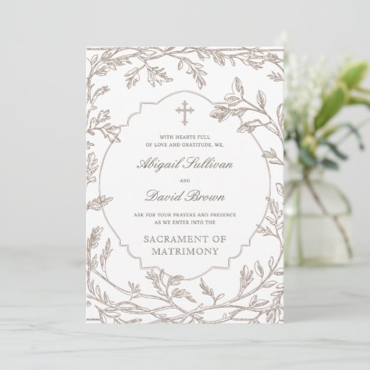 Delicate Brown Foliage Frame Catholic Wedding 招待状 (スタンド正面)