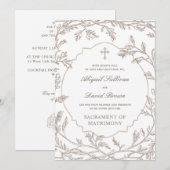 Delicate Brown Foliage Frame Catholic Wedding 招待状 (正面/裏面)