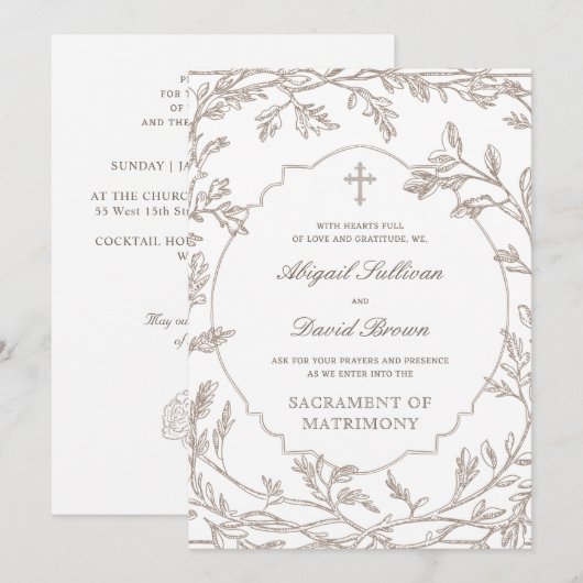 Delicate Brown Foliage Frame Catholic Wedding 招待状 (正面/裏面)