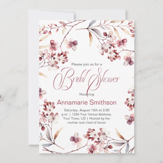 Delicate Burgundy Buds Wreath Bridal Shower | 招待状 (正面)