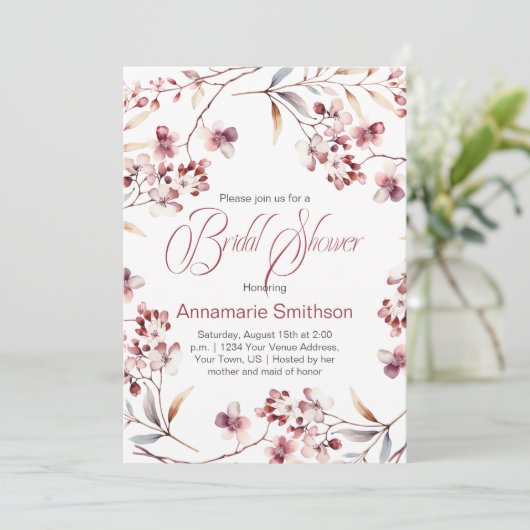 Delicate Burgundy Buds Wreath Bridal Shower | 招待状 (スタンド正面)