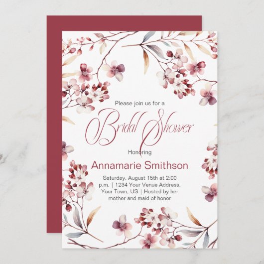 Delicate Burgundy Buds Wreath Bridal Shower | 招待状 (正面/裏面)