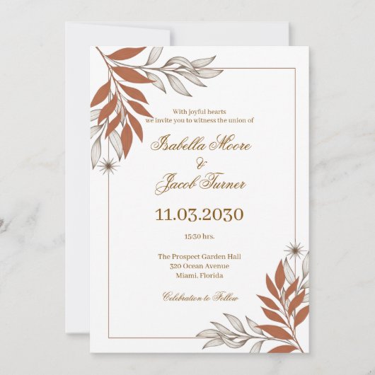 Delicate Burnt Orange Botanical Line Art Wedding 招待状 (正面)