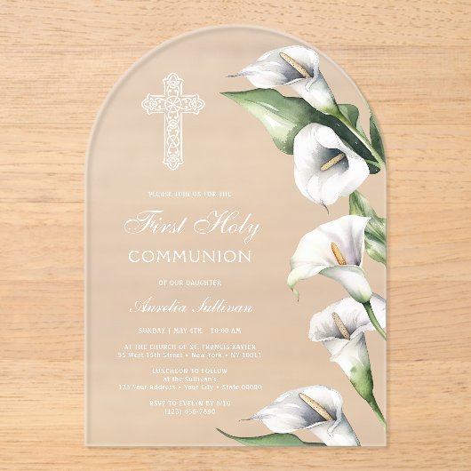 Delicate Calla Lilies Arch First Communion アクリル招待状 (正面)
