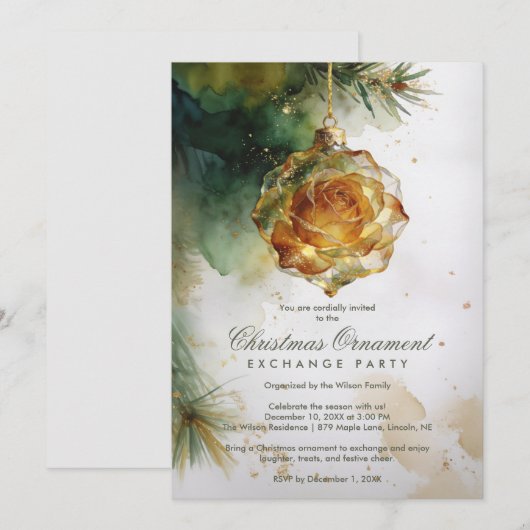 Delicate Christmas Ornament Shaped Like a Rose 招待状 (正面/裏面)