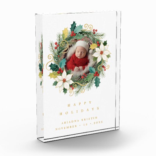 Delicate Classy First Christmas Wreath Baby Photo フォトブロック (左)