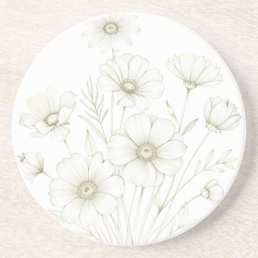 Delicate Cosmos Bouquet Line Art Grace コースター (正面)