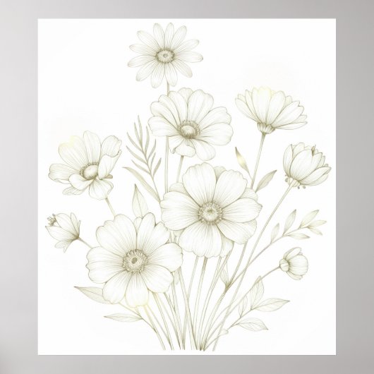Delicate Cosmos Bouquet Line Art Grace ポスター (正面)