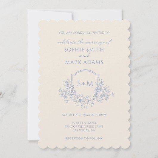 Delicate Dusty Blue Floral Monogram Crest Wedding 招待状 (正面)