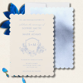 Delicate Dusty Blue Floral Monogram Crest Wedding 招待状