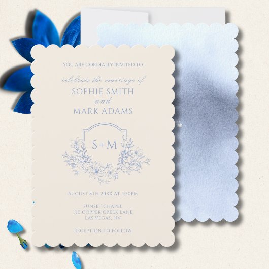 Delicate Dusty Blue Floral Monogram Crest Wedding 招待状