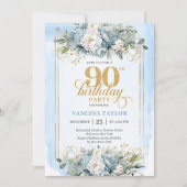 Delicate dusty blue gold trim 90th birthday invite 招待状 (正面)