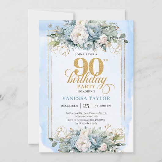 Delicate dusty blue gold trim 90th birthday invite 招待状 (正面)