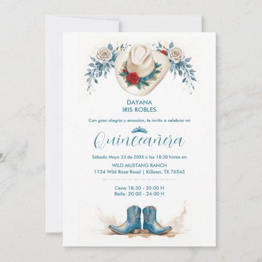Delicate Elegant Coastal Cowgirl Boots & Hat XVs 招待状 (正面)