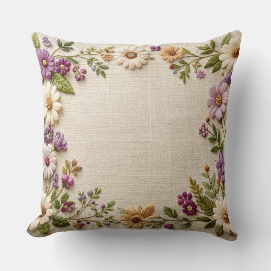 Delicate Embroidered Floral Border Pillow - Purple クッション (正面)