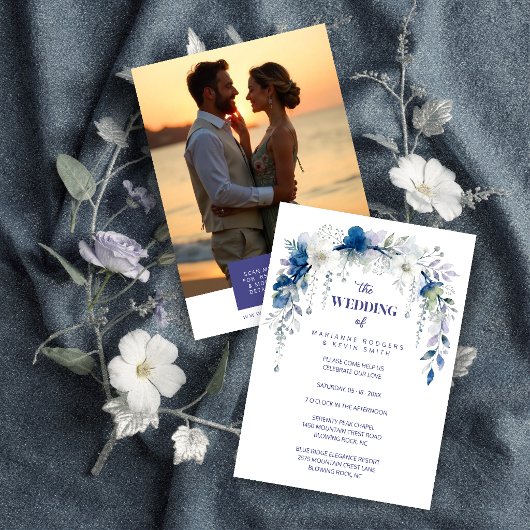 Delicate Floral Botanical Arch Blue Shades Wedding 招待状