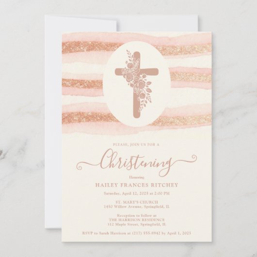 Delicate Floral Cross Romantic Rose Gold 招待状 (正面)