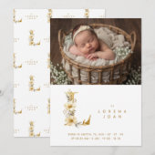 Delicate Floral E Initial Gold Glitter Newborn 案内状 (正面/裏面)