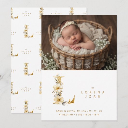 Delicate Floral E Initial Gold Glitter Newborn 案内状 (正面/裏面)