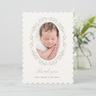 Delicate Floral Frame Baby Shower Photo サンキューカード