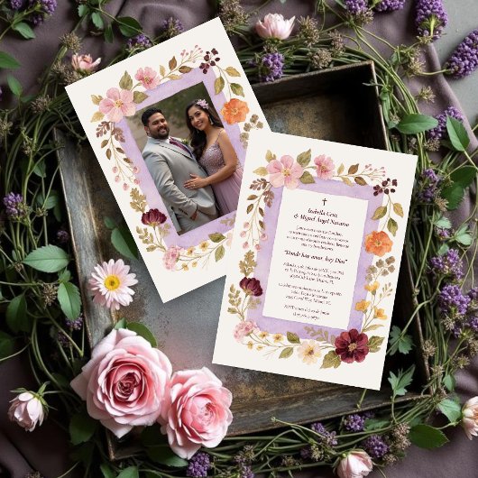Delicate Floral Frame Christian Catholic Wedding 招待状