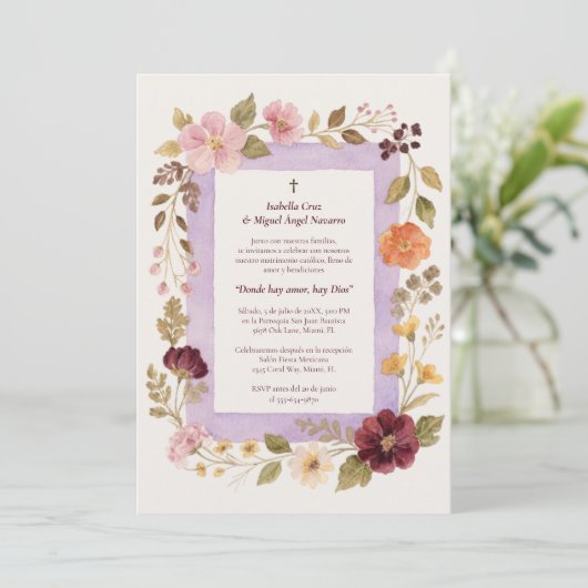 Delicate Floral Frame Christian Catholic Wedding 招待状 (スタンド正面)
