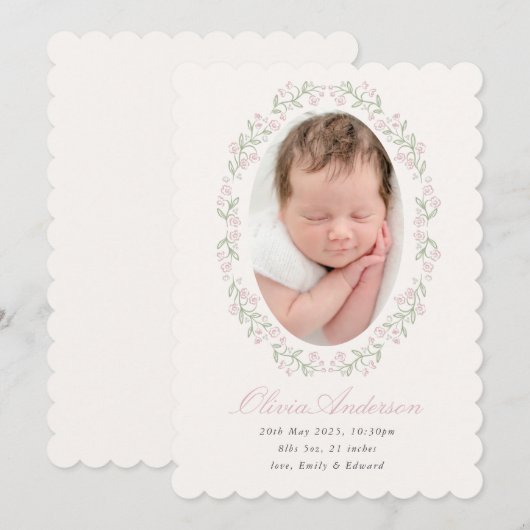 Delicate Floral Frame Girl Birth Announcement 案内状 (正面/裏面)