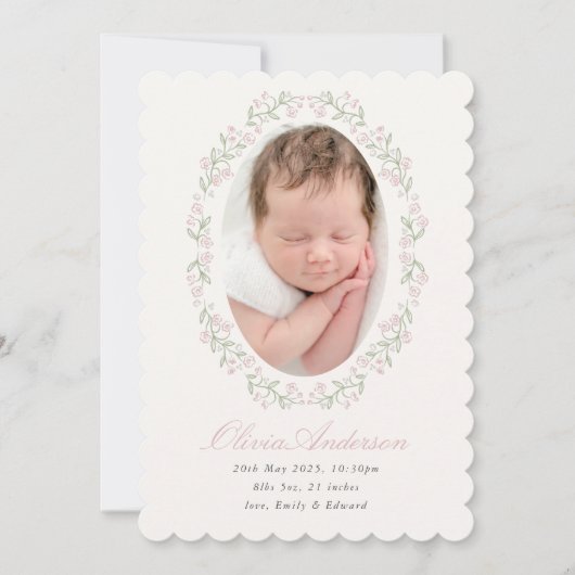 Delicate Floral Frame Girl Birth Announcement 案内状 (正面)