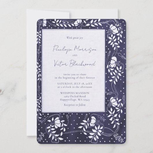 Delicate Floral Frame on Blue Wedding Invitation 招待状 (正面)
