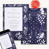 Delicate Floral Frame on Blue Wedding Invitation 招待状
