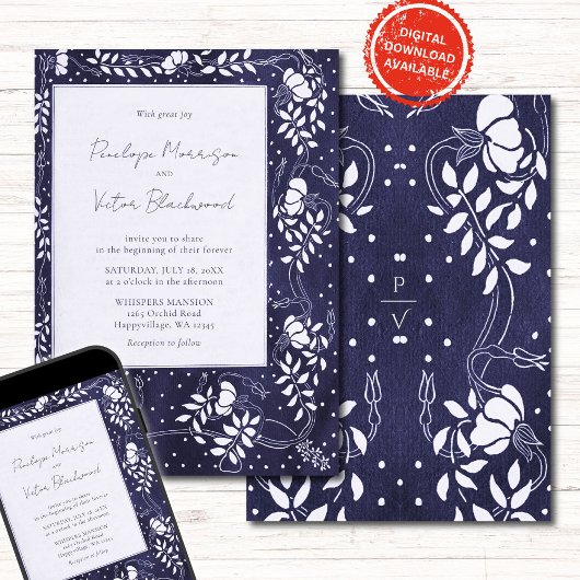 Delicate Floral Frame on Blue Wedding Invitation 招待状