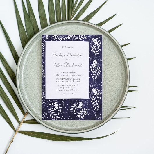 Delicate Floral Frame on Blue Wedding Invitation 招待状