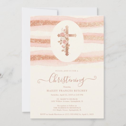 Delicate Floral Glitter Cross Romantic Rose Gold 招待状 (正面)