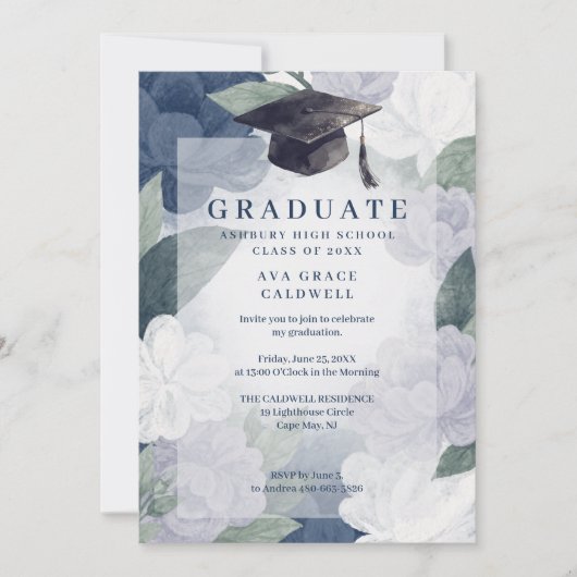 Delicate Floral Green and Blue Graduation Party 招待状 (正面)