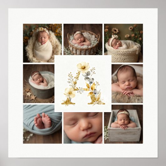 Delicate Floral Initial A 8-Photos Collage Newborn ポスター (正面)
