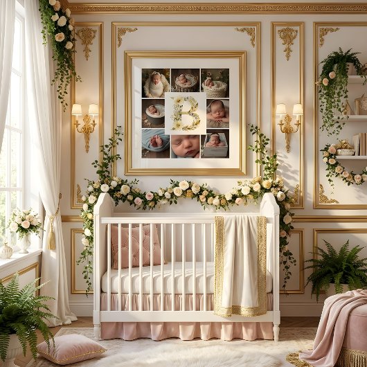 Delicate Floral Initial B 8-Photos Collage Newborn ポスター