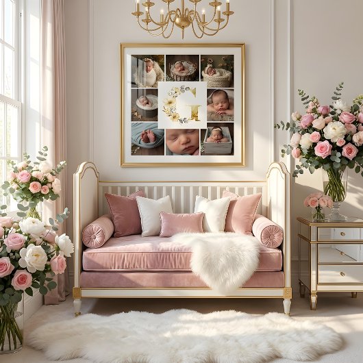 Delicate Floral Initial G 8-Photos Collage Newborn ポスター