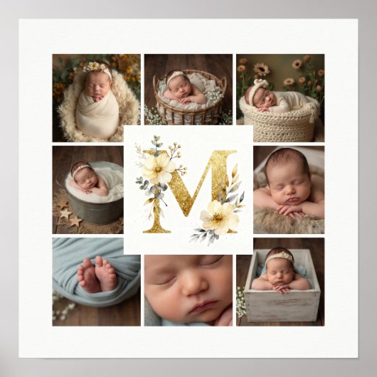Delicate Floral Initial M 8-Photos Collage Newborn ポスター (正面)