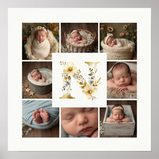 Delicate Floral Initial N 8-Photos Collage Newborn ポスター (正面)