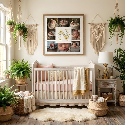 Delicate Floral Initial N 8-Photos Collage Newborn ポスター