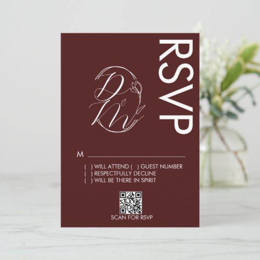 Delicate Floral Logo Wedding Burgundy RSVP Card 招待状 (スタンド正面)