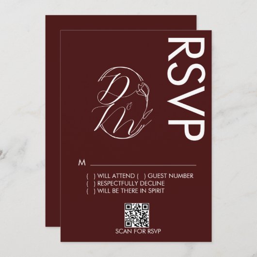 Delicate Floral Logo Wedding Burgundy RSVP Card 招待状 (正面/裏面)