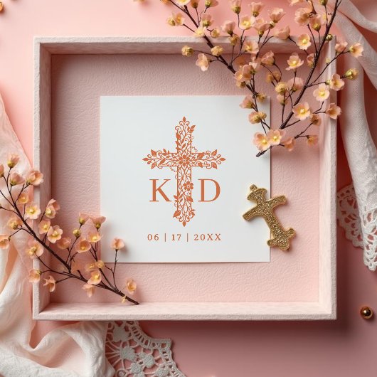 Delicate Flourish Christian Cross Wedding Initials ラバースタンプ