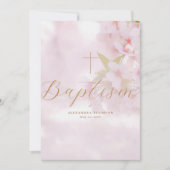 Delicate Flowers Gold Calligraphy Cross Baptism 招待状 (正面)