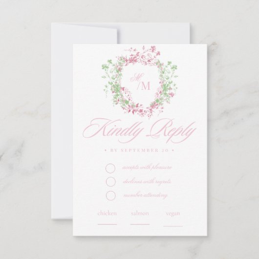 Delicate French Flora Crest Wedding 出欠カード (正面)