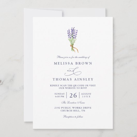 Delicate French Lavender Elegant QR Code Wedding 招待状 (正面)