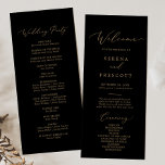 Delicate Gold Calligraphy | Black Wedding プログラム<br><div class="desc">This delicate gold calligraphy black wedding party program is perfect for a modern wedding. The romantic minimalist design features lovely and elegant champagne golden yellow typography on a black background with a clean and simple look. Include the name of the bride and groom, the wedding date and location, thank you...</div>